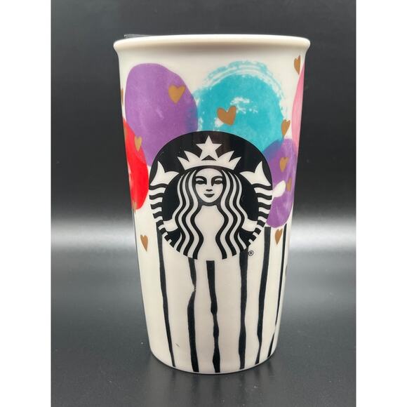 Starbucks Balloons Hearts Ceramic Travel Mug Coffee Cup With Lid Party - Picture 1 of 7